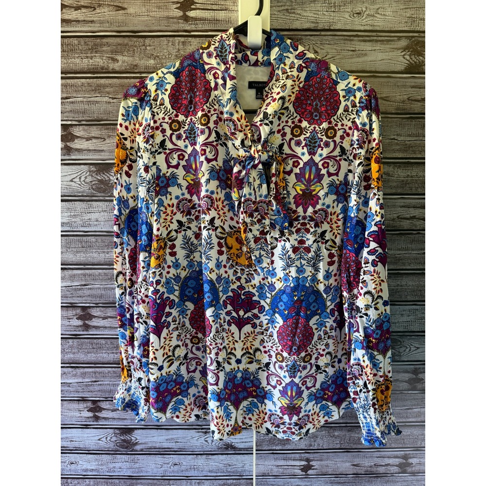 Talbots‎ Women's Long-Sleeved Blouse Size XL White Floral Tie Detail